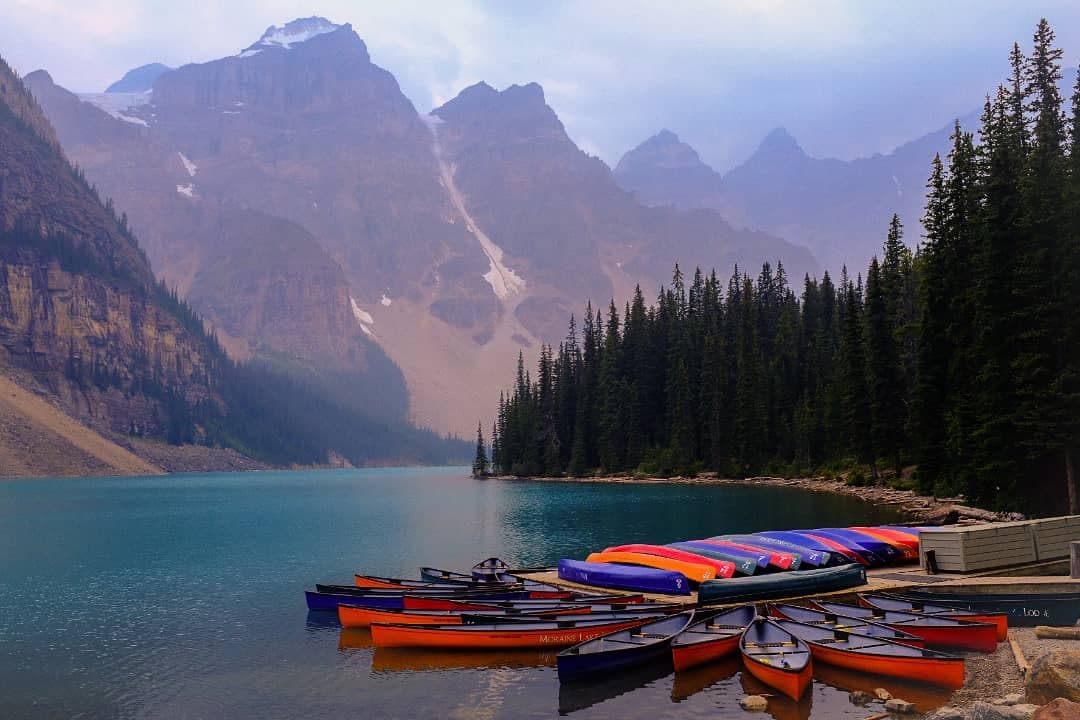 Rowing boats on an alpine lake